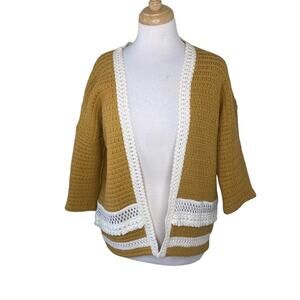 SEZANE Veste Dory Mustard Yellow Open Crochet Fringe Cardigan Size Extra Small